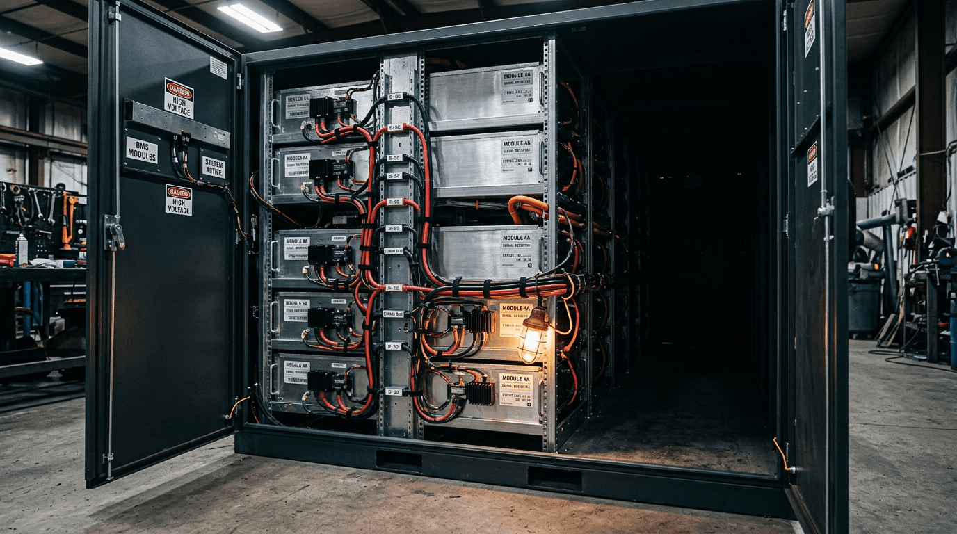 A depot-scale battery energy storage system, doors open, racks lit from within.