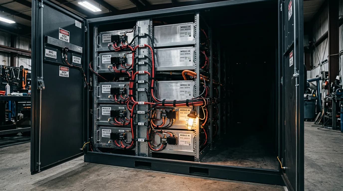 A depot-scale battery energy storage system, doors open, racks lit from within.
