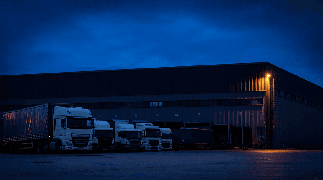 Trucks parked under floodlights at a logistics depot at dawn.