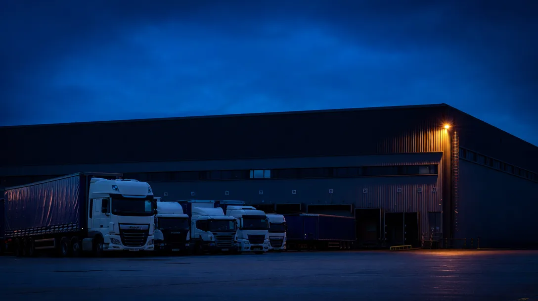 Trucks parked under floodlights at a logistics depot at dawn.