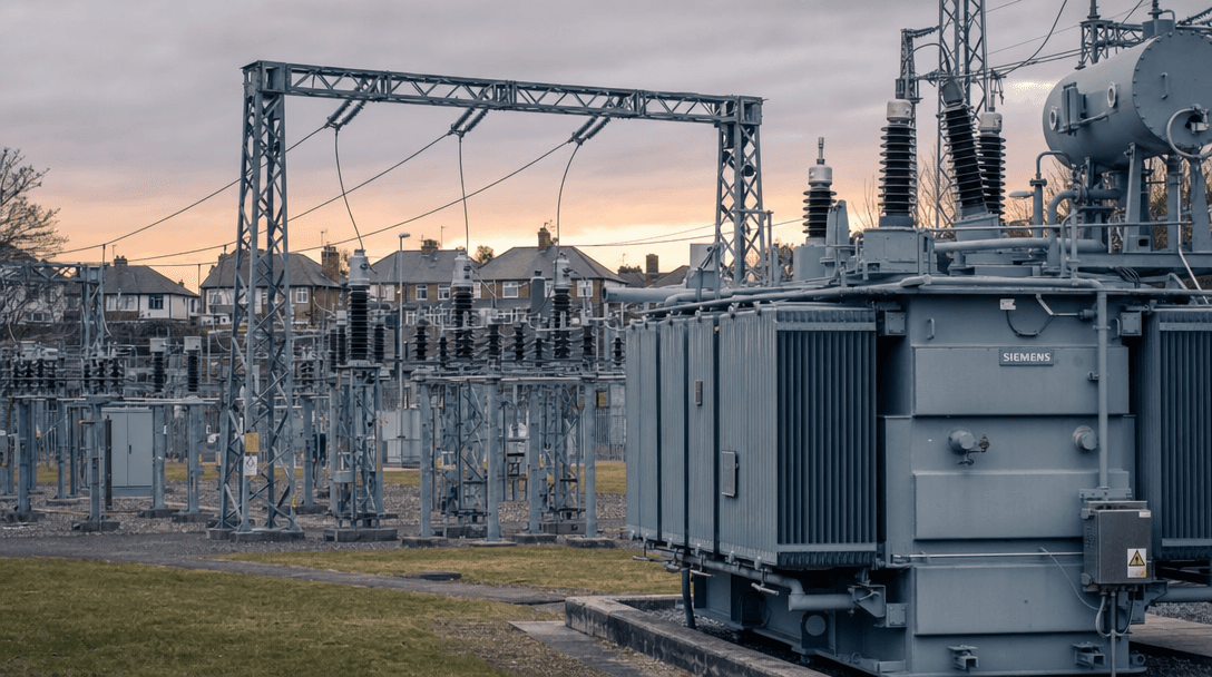 A substation at dusk, transformers and overhead lines silhouetted against the sky.
