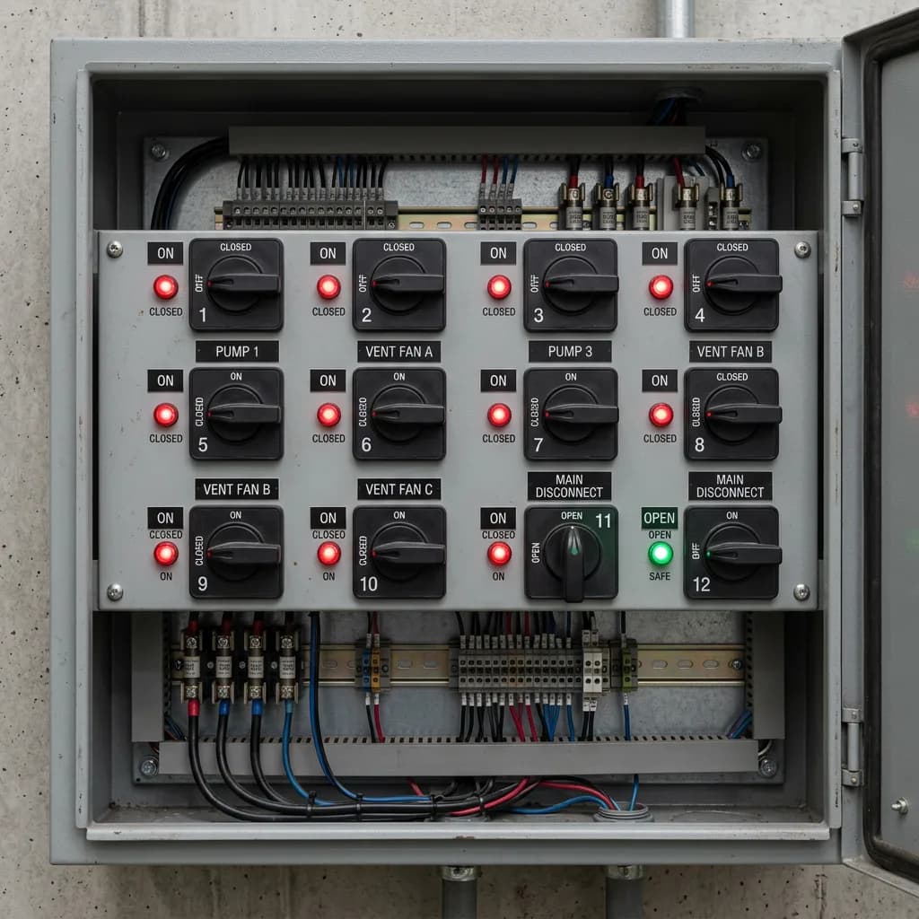 A control panel switchgear cabinet, switches and indicators arrayed in a grid.