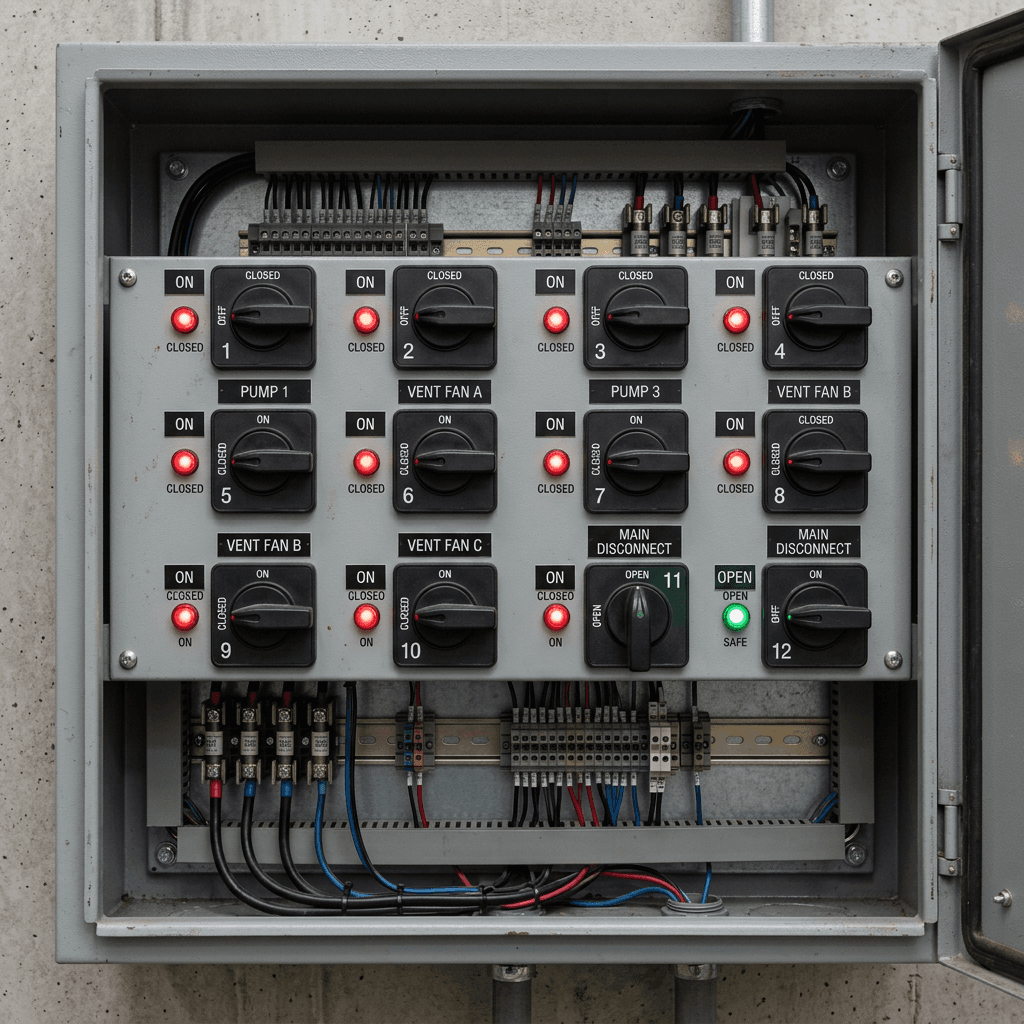 A control panel switchgear cabinet, switches and indicators arrayed in a grid.