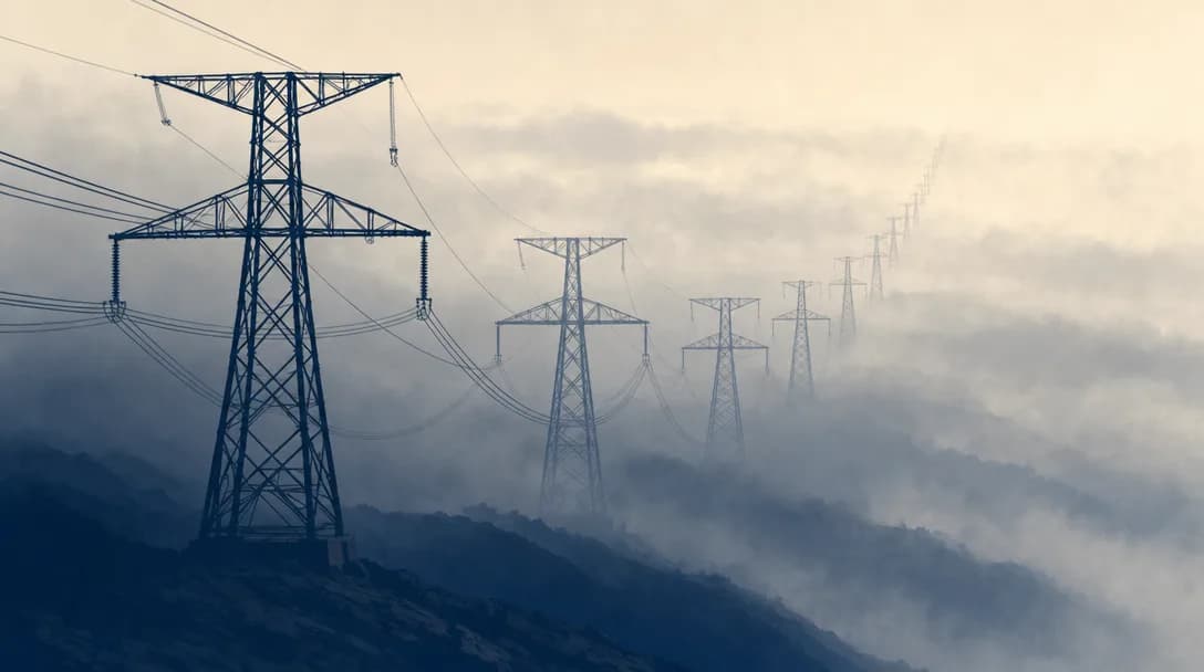 Electricity transmission pylons fading into the mist.
