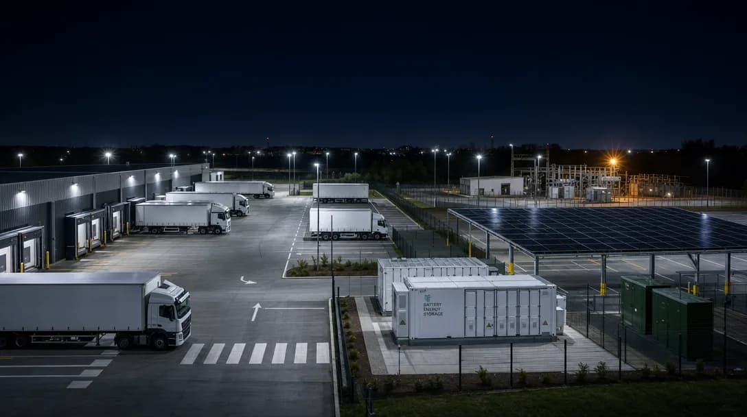 A logistics depot at night with chargers and a battery storage unit visible on site.