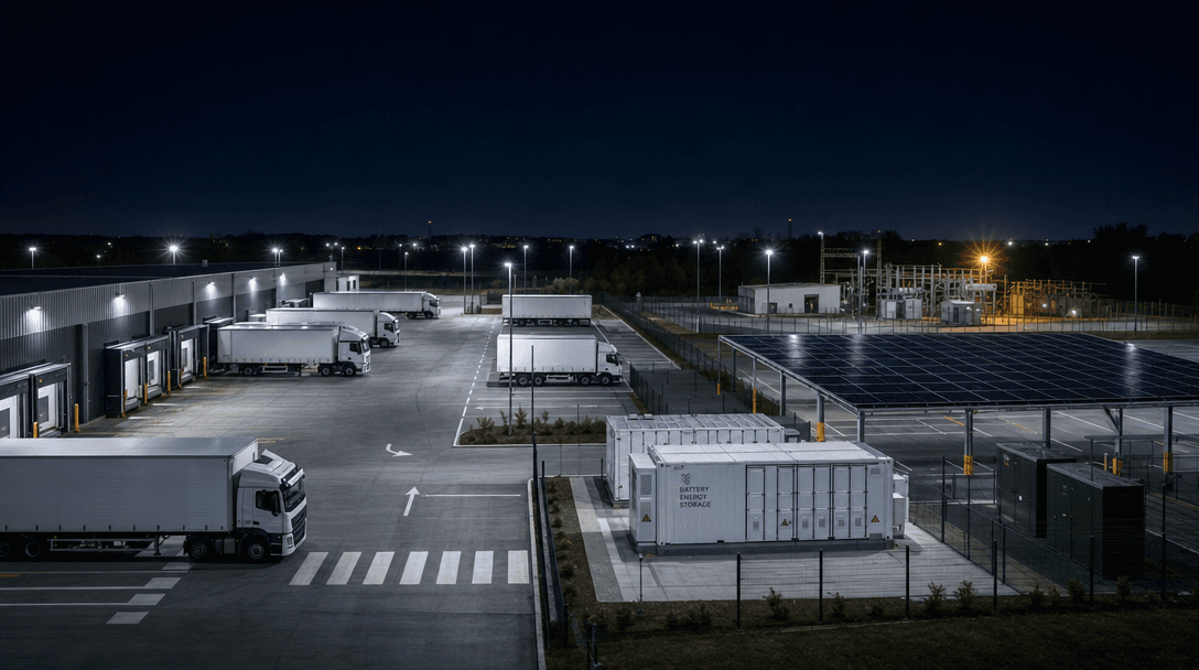 A logistics depot at night with chargers and a battery storage unit visible on site.