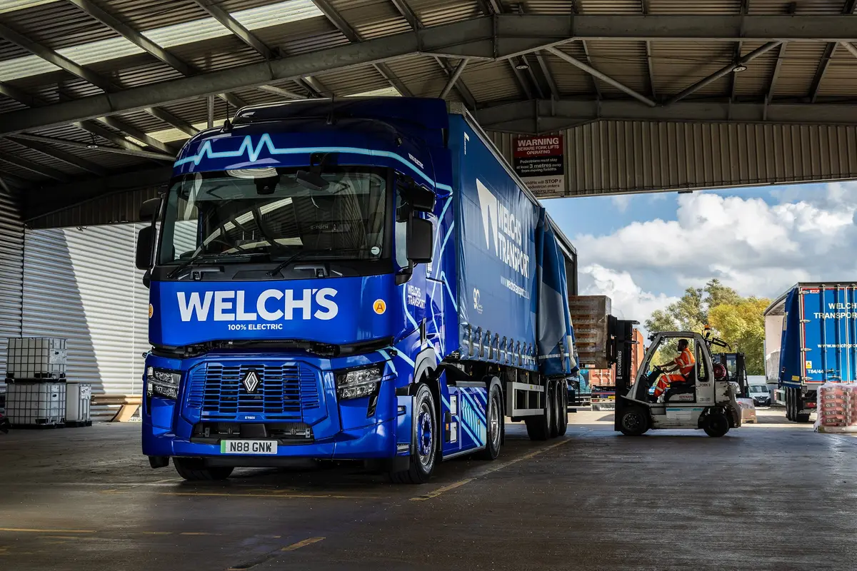 A Welch Group 42-tonne electric HGV on charge at the depot